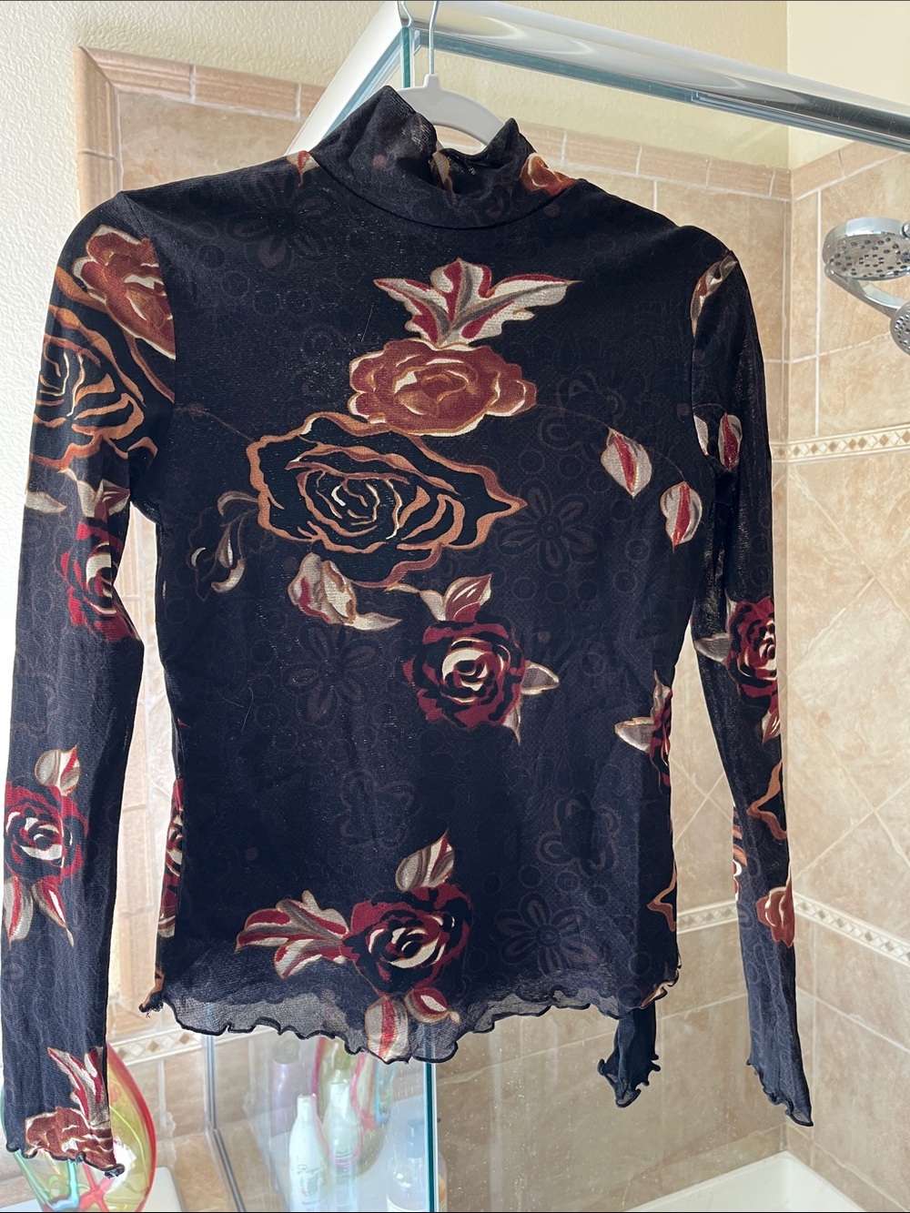 Blush Black Floral Velvet Long Sleeve Turtleneck Top